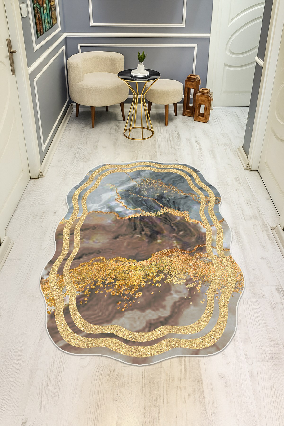 Modern Desenli Lazer Kesim Dijital Baskı Kaymaz Taban Halı H0442
