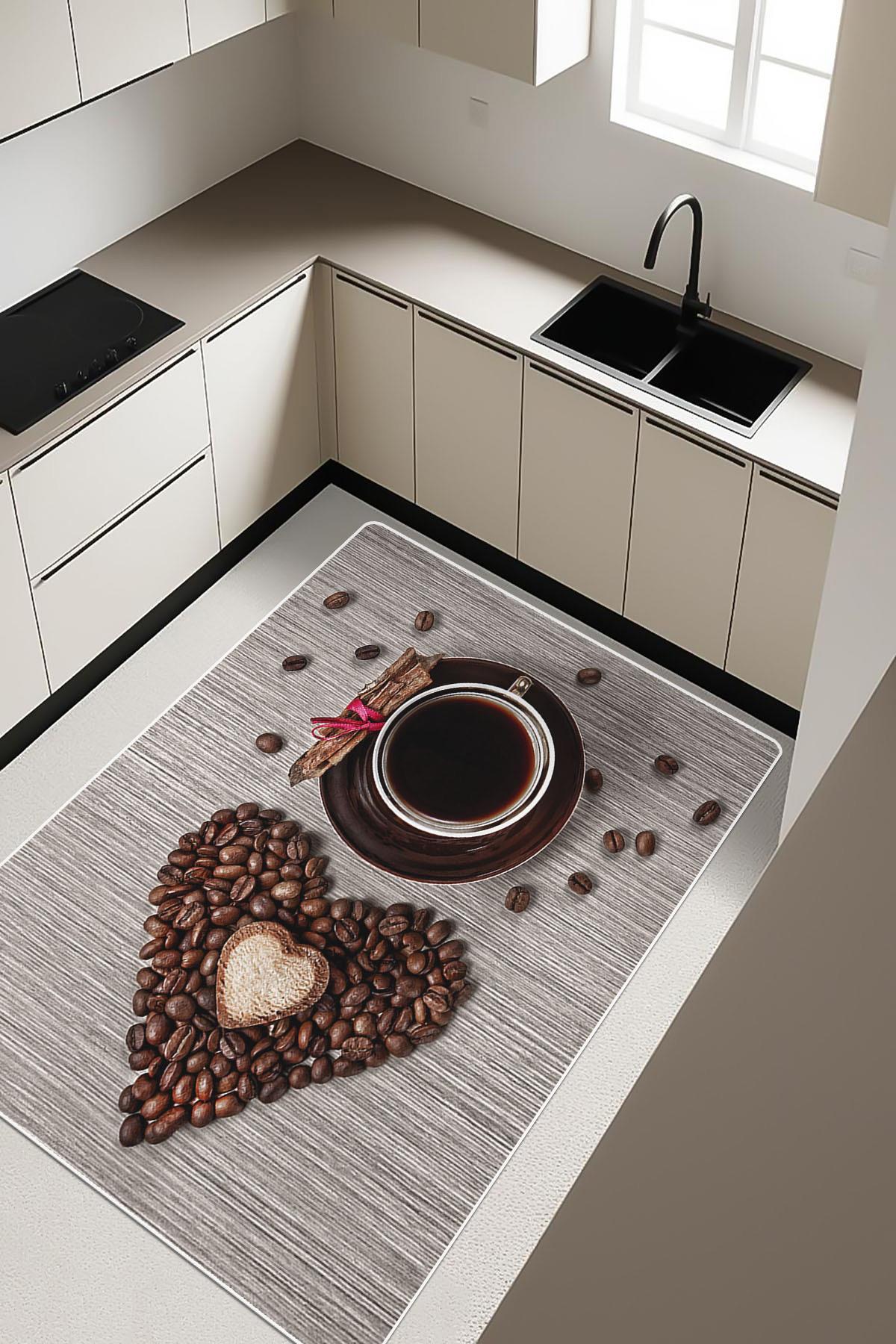 Kahve Fincanı Desenli Dijital Baskı Kaymaz Taban Mutfak Halısı H0057