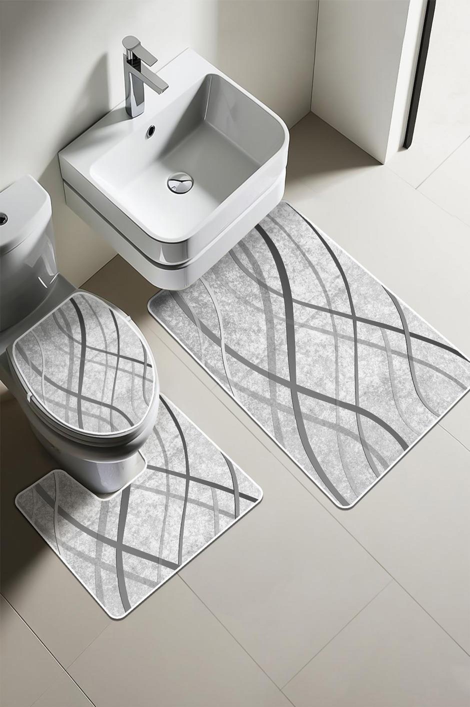 Modern Desenli Dijital Baskı 3’lü Banyo Paspas Takımı Yıkanabilir Kaymaz Tabanlı Klozet Takımı KLZ0004
