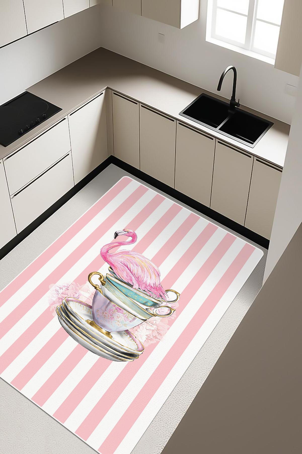 Flamingo Desenli Dijital Baskı Kaymaz Taban Mutfak Halısı H0049