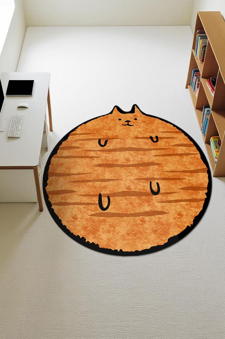 Kedi Desenli Yuvarlak Dijital Baskı Kaymaz Tabanlı Halı H0394