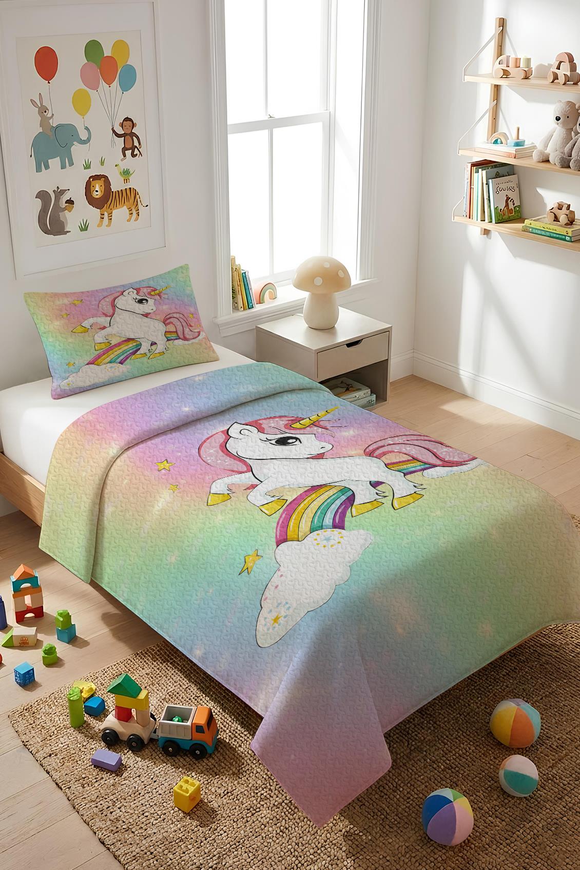 Unicorn Desenli Kadife Kumaş Çocuk Yatak Örtüsü Seti (2 Parça) TKY0022 