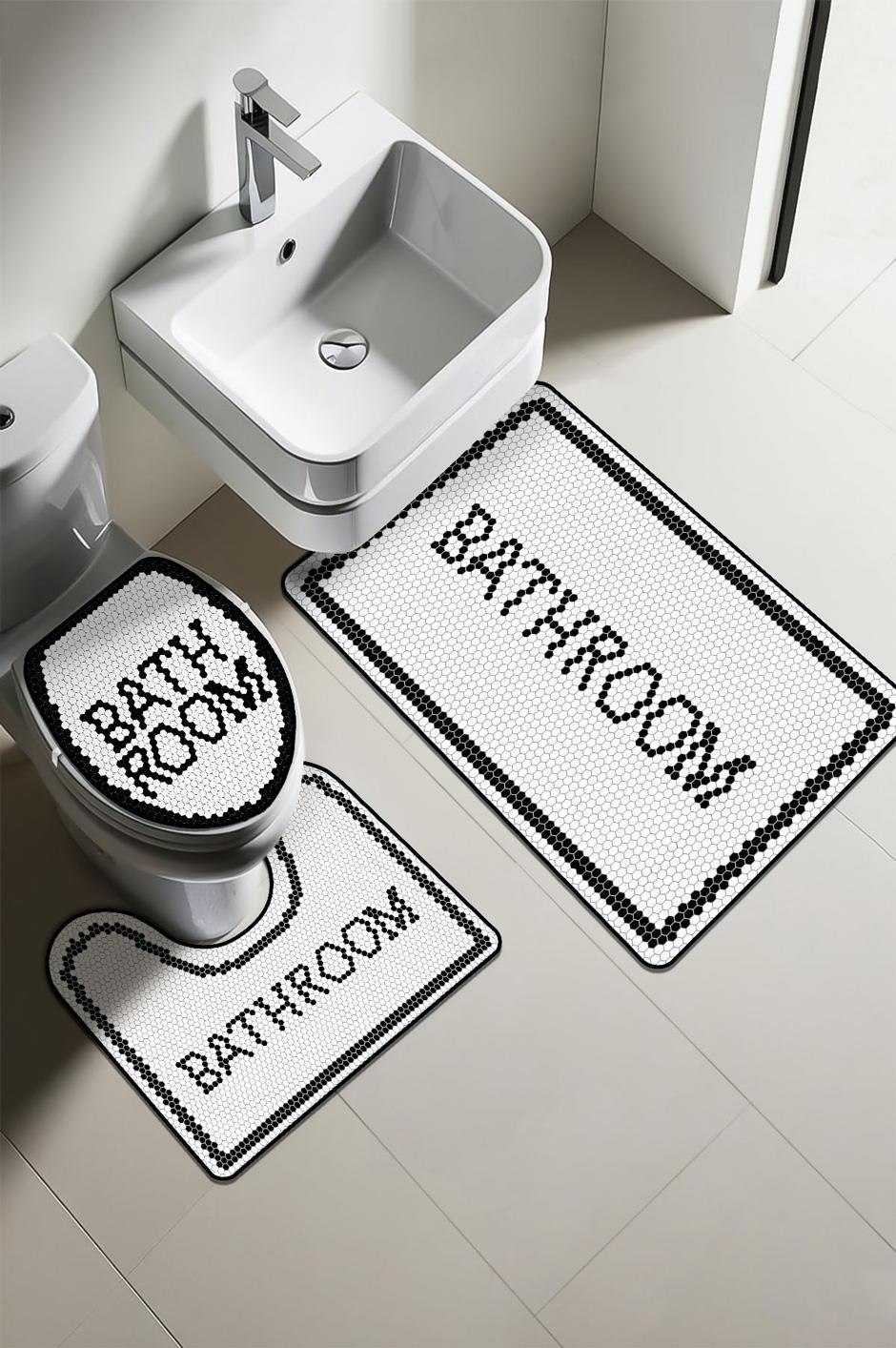 Modern Desenli Dijital Baskı 3’lü Banyo Paspas Takımı Yıkanabilir Kaymaz Tabanlı Klozet Takımı KLZ0062