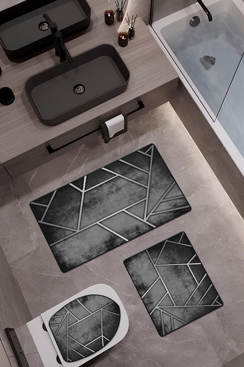 Bambu Kumaş Kaymaz Tabanlı Yıkanabilir 3lü Klozet Takımı Dijital Baskı Banyo Paspas Seti BKLZ0007