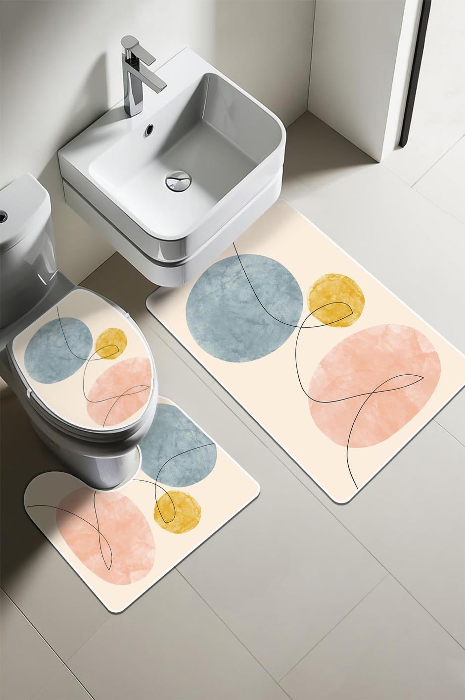 Modern Desenli Dijital Baskı 3’lü Banyo Paspas Takımı Yıkanabilir Kaymaz Tabanlı Klozet Takımı KLZ0005