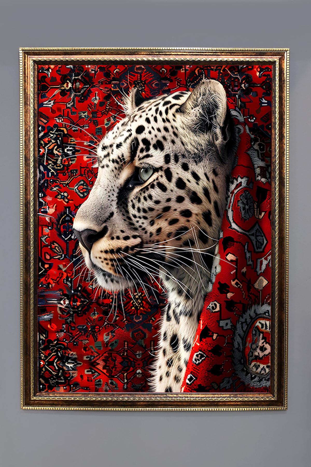 İran Halısına Sarılmış Leopar Desenli Dijital Baskılı Kadife Kumaş Çerçeveli Tablo TBL0026