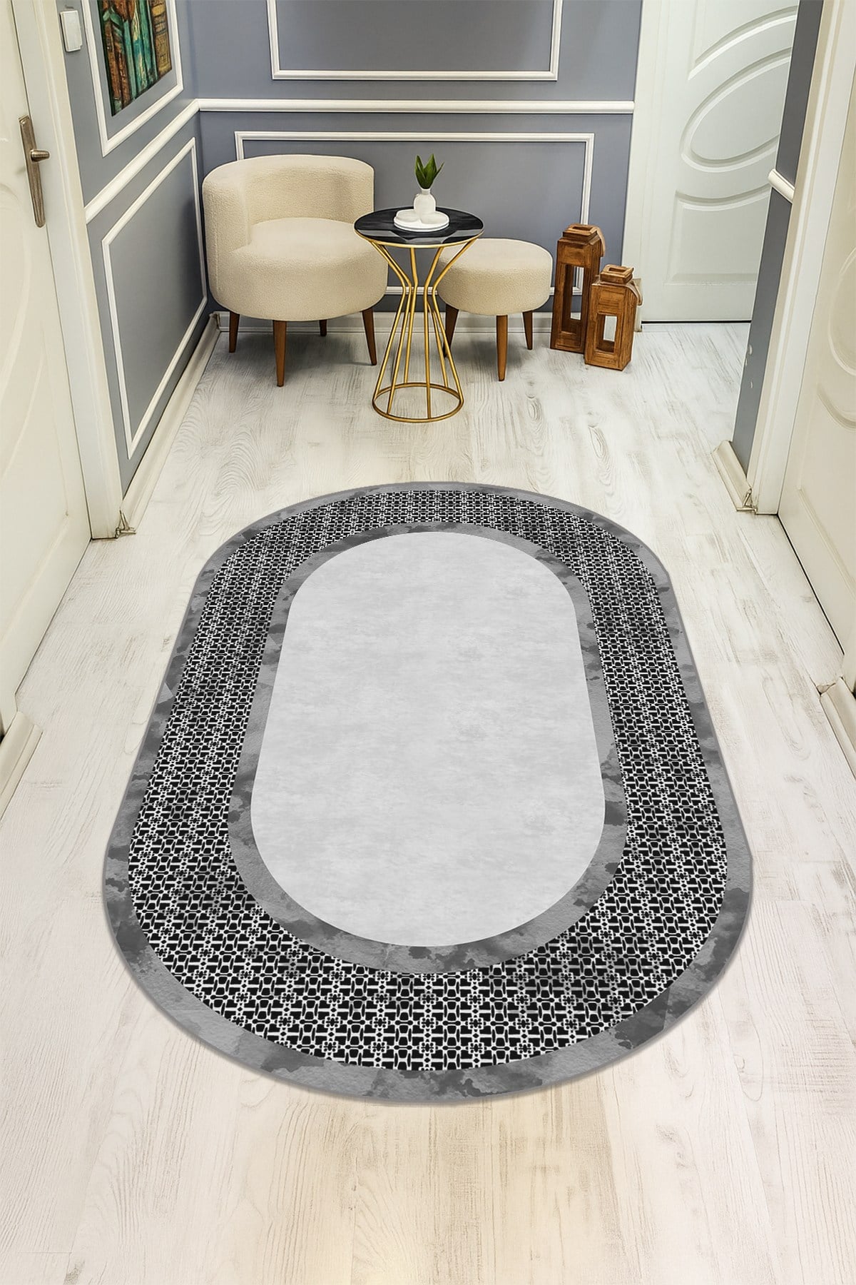 Modern Desenli Oval Dijital Baskı Kaymaz Taban Halı H0362