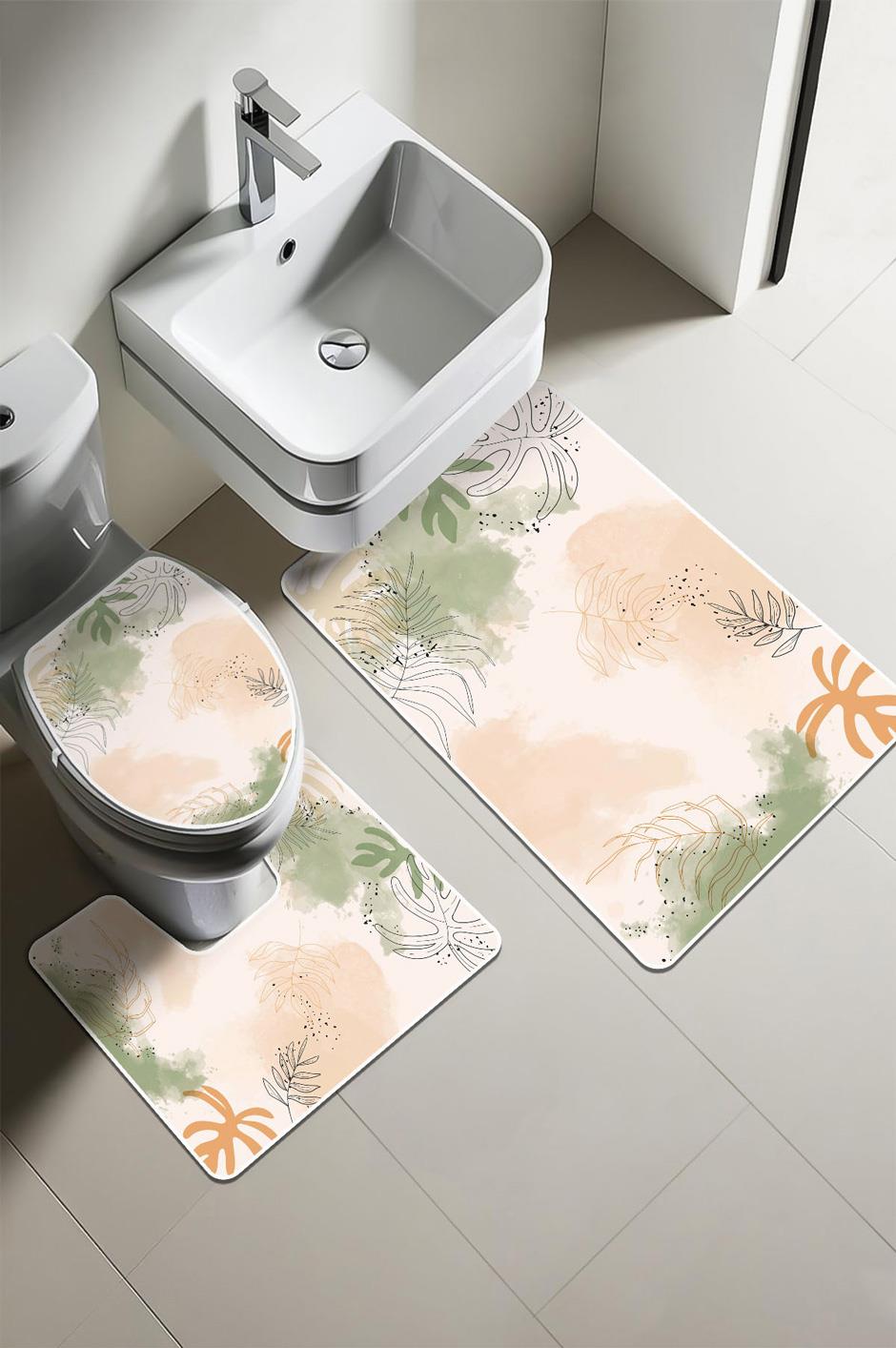Modern Desenli Dijital Baskı 3’lü Banyo Paspas Takımı Yıkanabilir Kaymaz Tabanlı Klozet Takımı KLZ0006