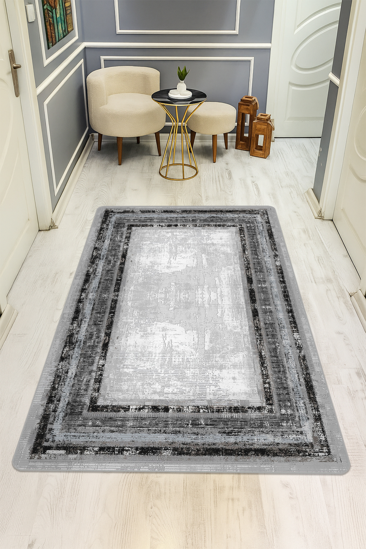 Eskitme Desenli Dijital Baskı Kaymaz Taban Halı H0077