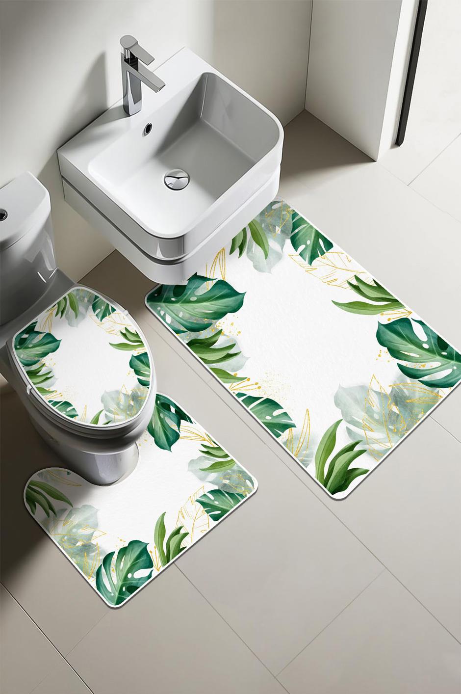 Modern Desenli Dijital Baskı 3’lü Banyo Paspas Takımı Yıkanabilir Kaymaz Tabanlı Klozet Takımı KLZ0028