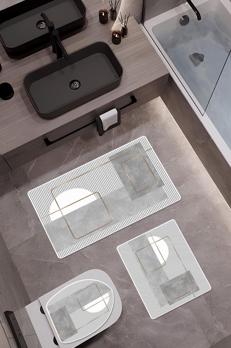 Bambu Kumaş Kaymaz Tabanlı Yıkanabilir 3lü Klozet Takımı Dijital Baskı Banyo Paspas Seti BKLZ0002
