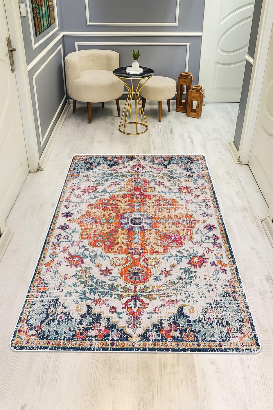 Parlak Kadife Kumaş Dijital Baskı Vintage Desenli Dot Kaymaz Tabanlı Halı H0099