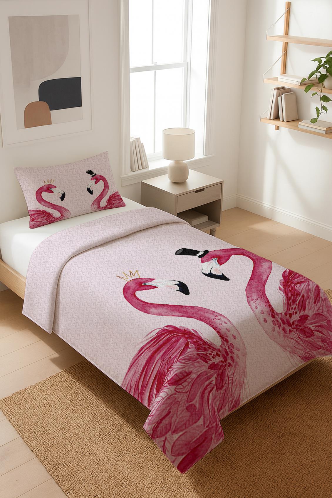 Flamingo Desenli Kadife Kumaş Kapitoneli Tek Kişilik Yatak Örtüsü Seti (2 Parça) TKY0040