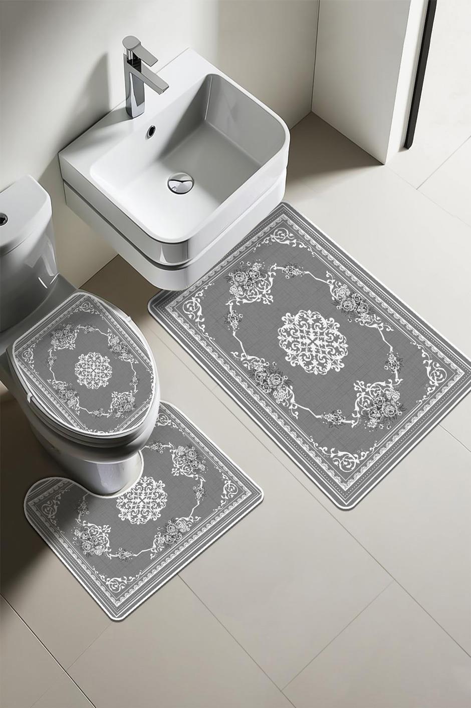 Modern Desenli Dijital Baskı 3’lü Banyo Paspas Takımı Yıkanabilir Kaymaz Tabanlı Klozet Takımı KLZ0057