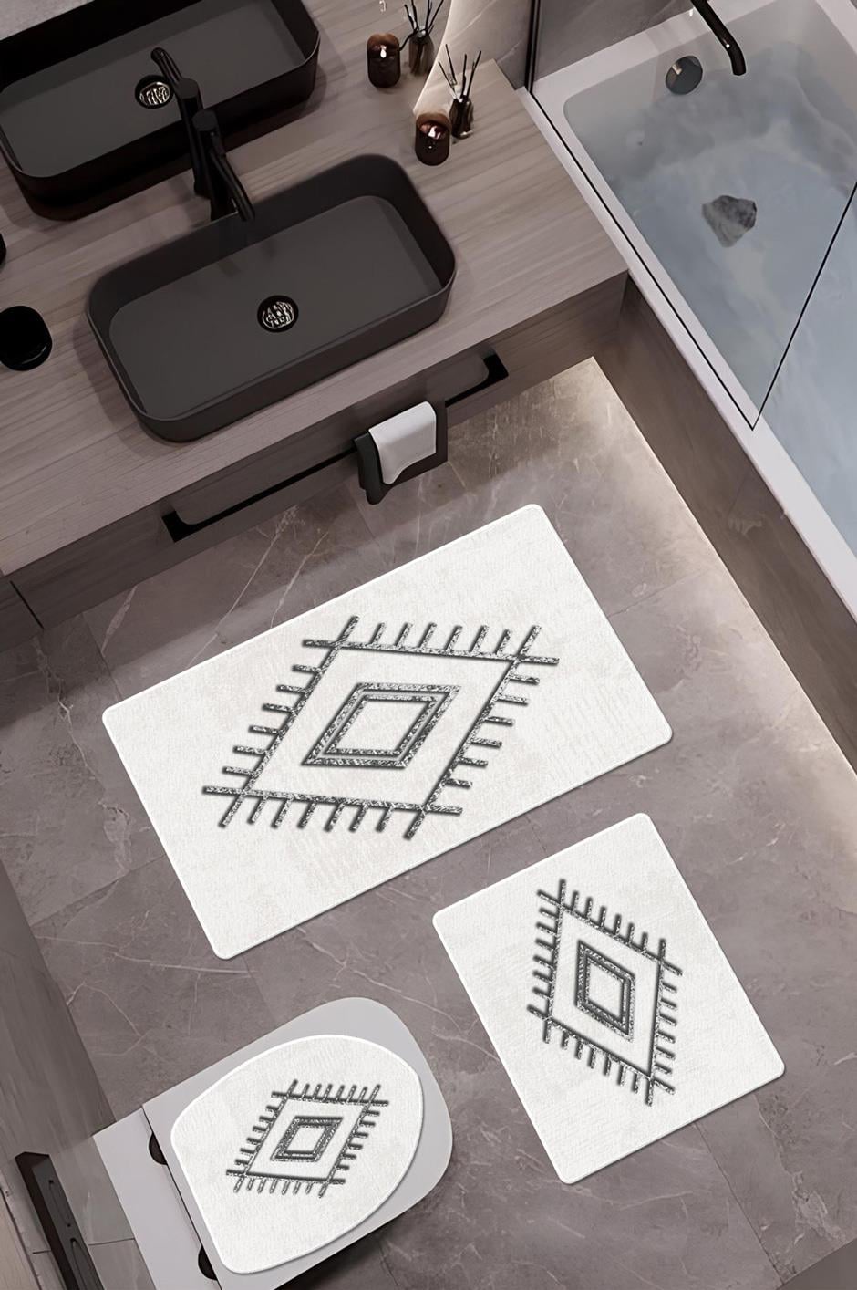 Bambu Kumaş Kaymaz Tabanlı Yıkanabilir 3lü Klozet Takımı Dijital Baskı Banyo Paspas Seti BKLZ0009