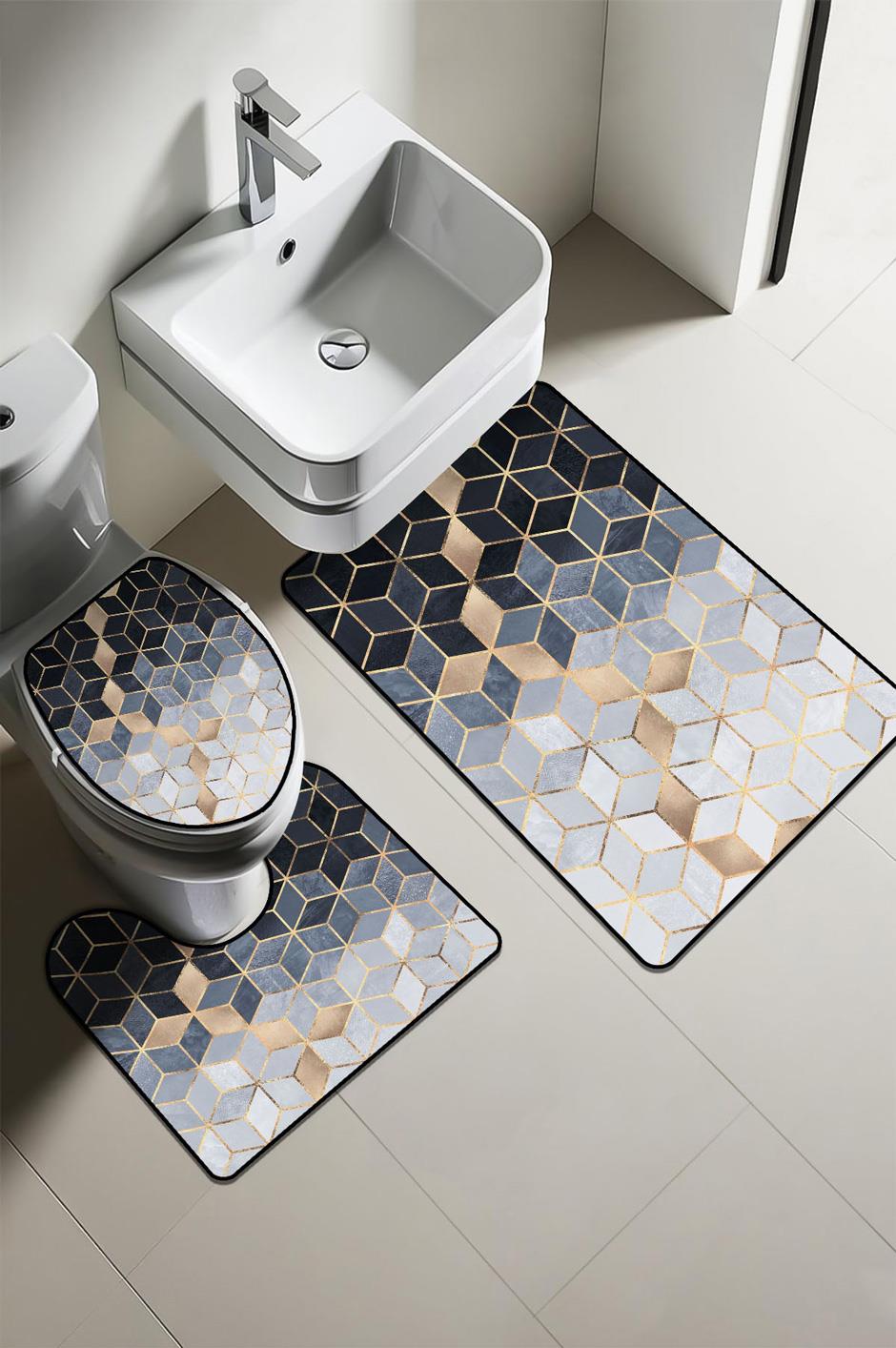 Modern Desenli Dijital Baskı 3’lü Banyo Paspas Takımı Yıkanabilir Kaymaz Tabanlı Klozet Takımı KLZ0061