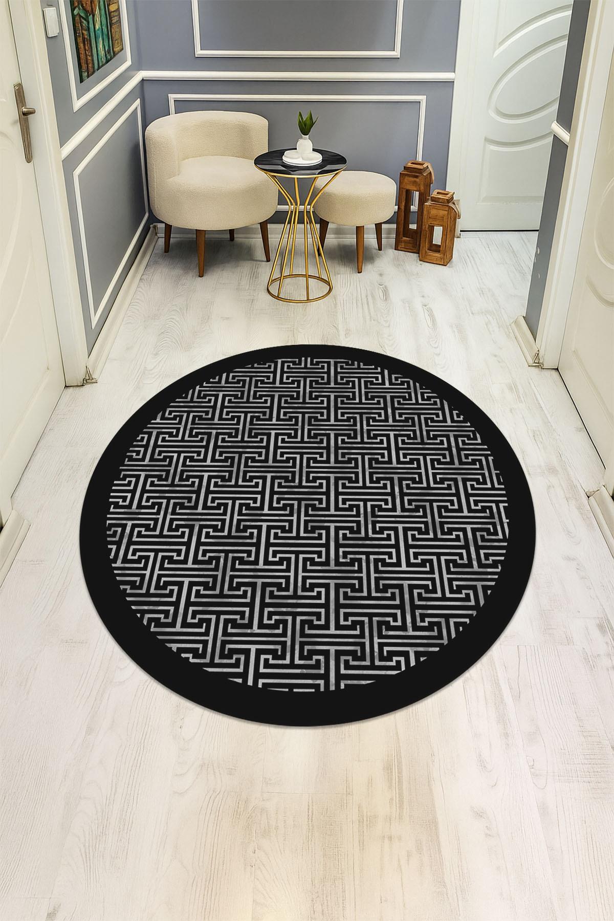  Yuvarlak Dijital Baskı Siyah Modern Desenli Dot Kaymaz Tabanlı Halı H0312