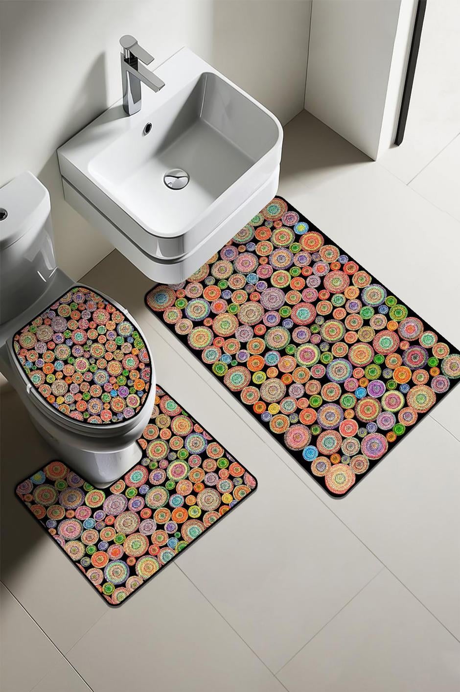 Modern Desenli Dijital Baskı 3’lü Banyo Paspas Takımı Yıkanabilir Kaymaz Tabanlı Klozet Takımı KLZ0059