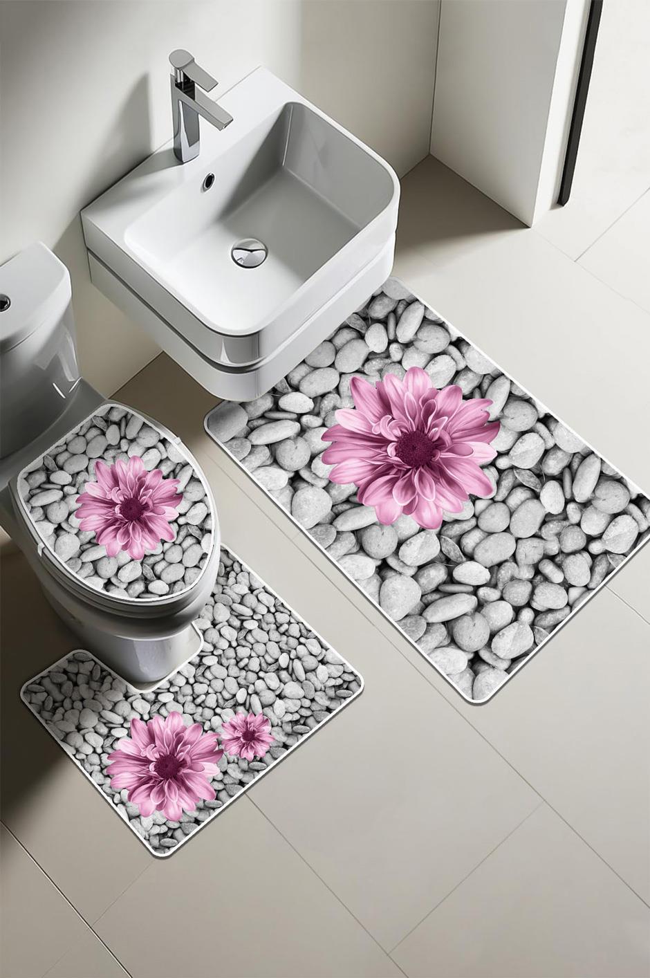 Modern Desenli Dijital Baskı 3’lü Banyo Paspas Takımı Yıkanabilir Kaymaz Tabanlı Klozet Takımı KLZ0060