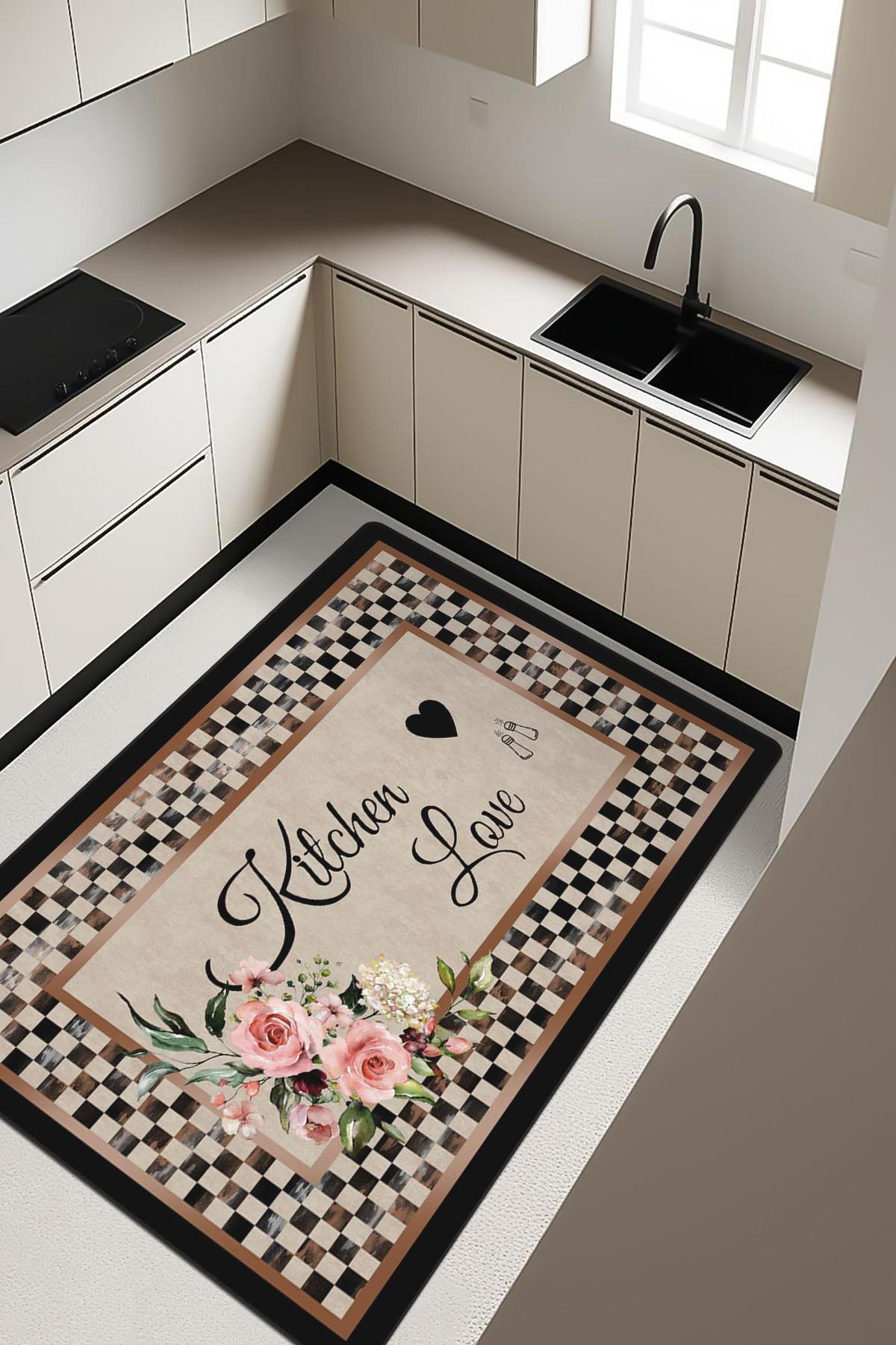 Kitchen Love Desenli Dijital Baskı Kaymaz Taban Mutfak Halısı H0031
