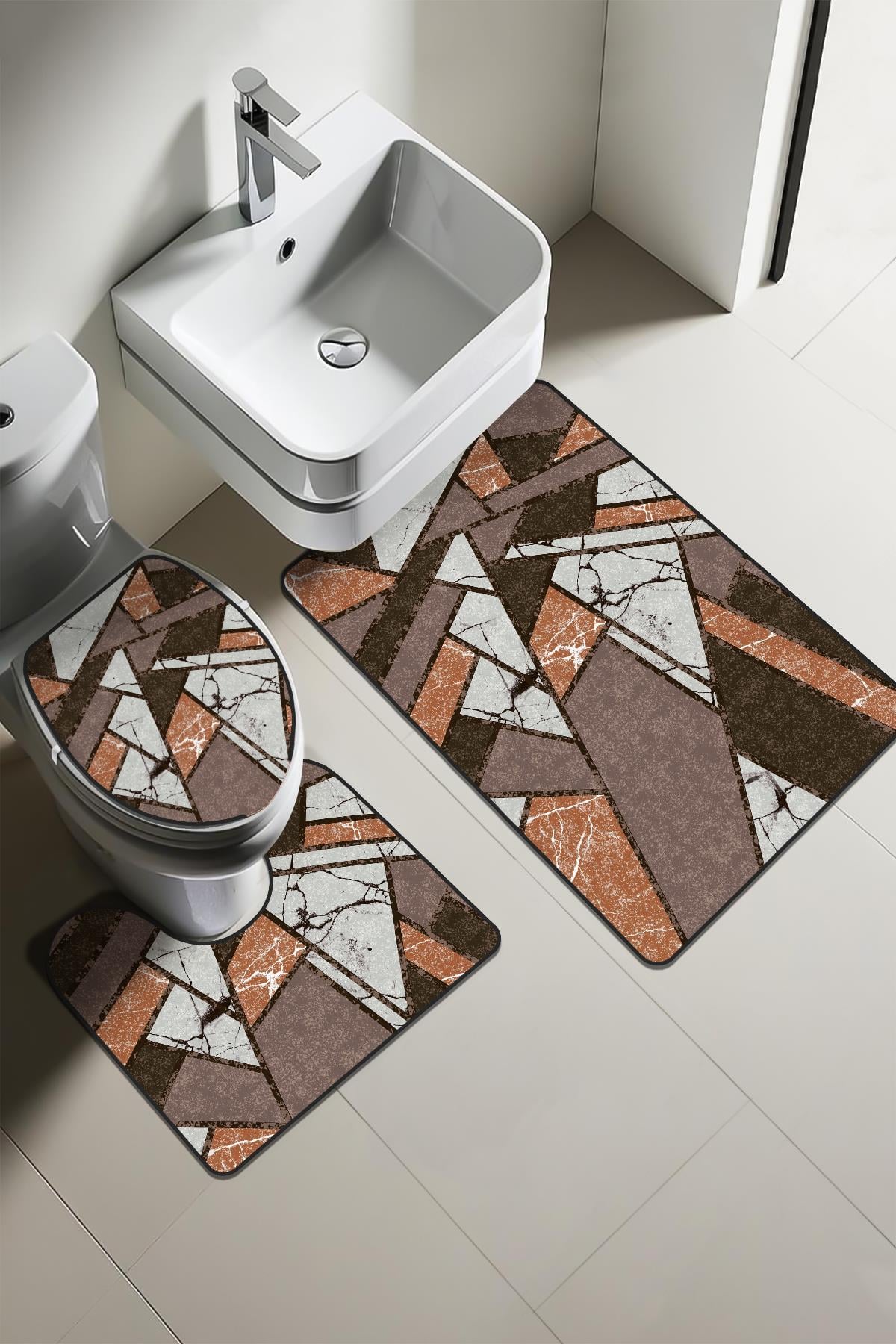 Modern Desenli Dijital Baskı 3lü Banyo Paspas Takımı Yıkanabilir Kaymaz Tabanlı Klozet Takımı KLZ0064