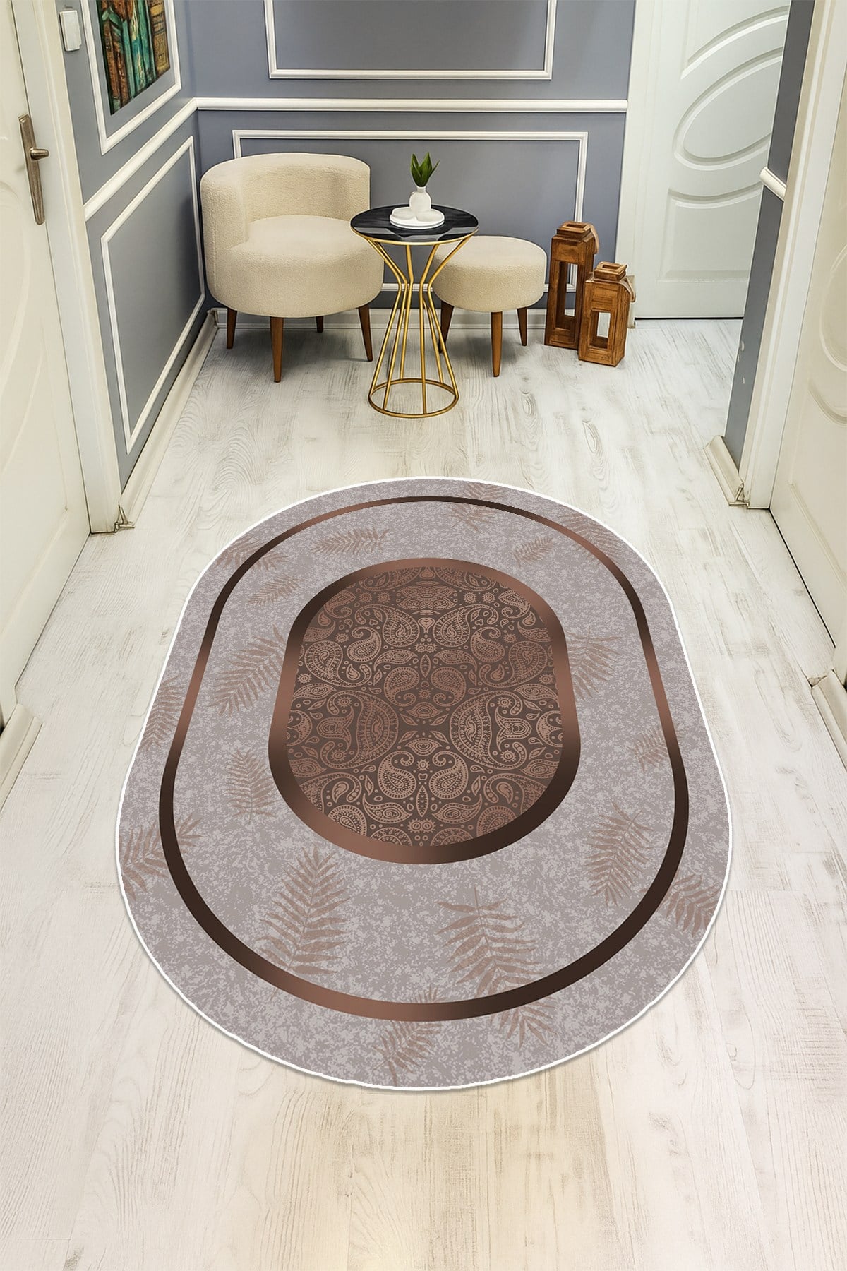 Modern Desenli Oval Dijital Baskı Kaymaz Taban Halı H0360