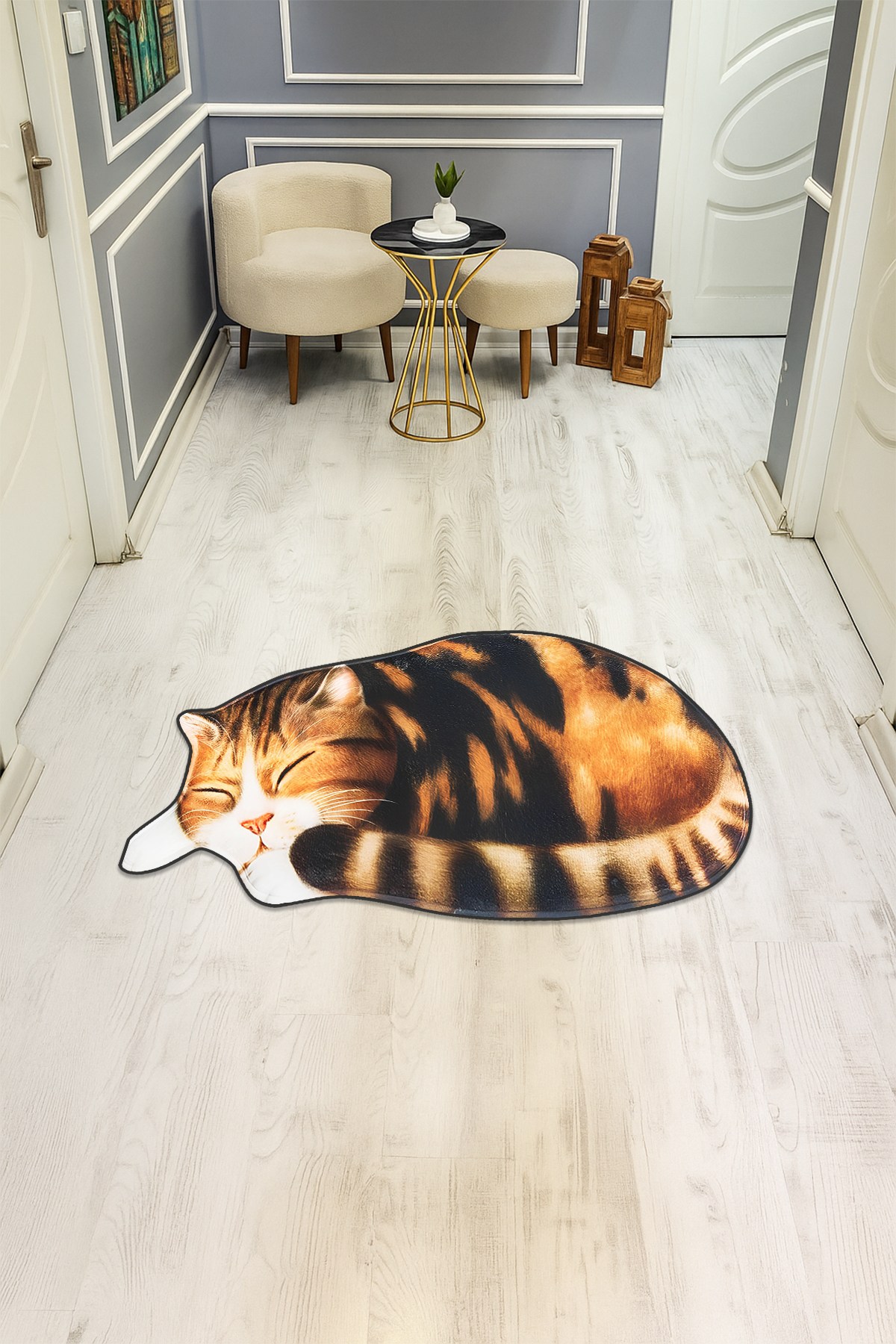 Kedi Desenli Lazer Kesim Dijital Baskı Kaymaz Taban Halı H0403