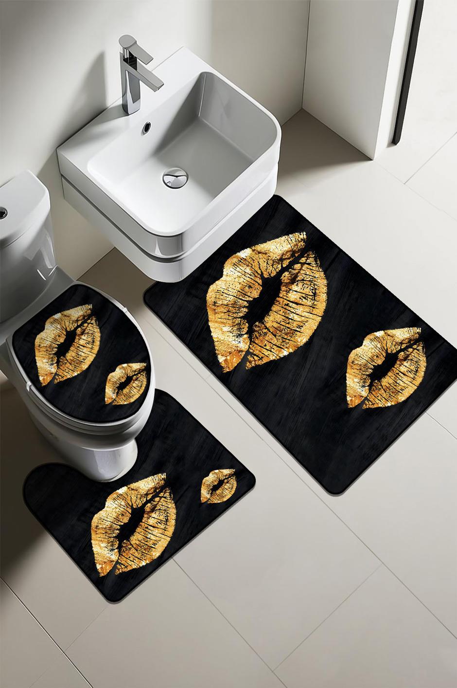 Modern Desenli Dijital Baskı 3’lü Banyo Paspas Takımı Yıkanabilir Kaymaz Tabanlı Klozet Takımı KLZ0029