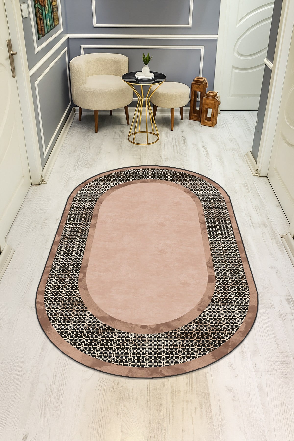 Modern Desenli Oval Dijital Baskı Kaymaz Taban Halı H0363