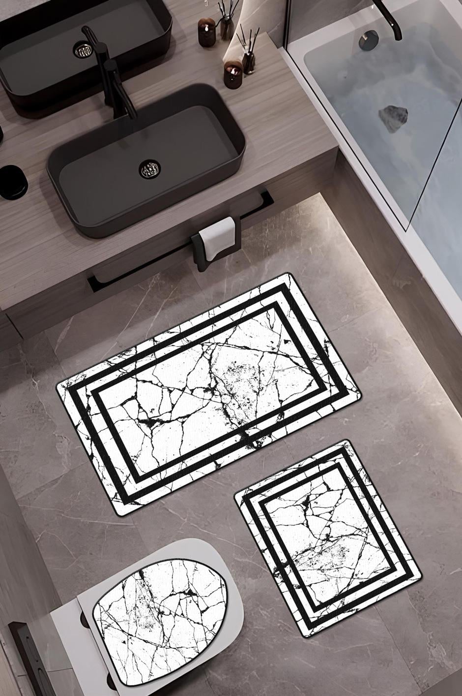 Bambu Kumaş Kaymaz Tabanlı Yıkanabilir 3lü Klozet Takımı Dijital Baskı Banyo Paspas Seti BKLZ0005