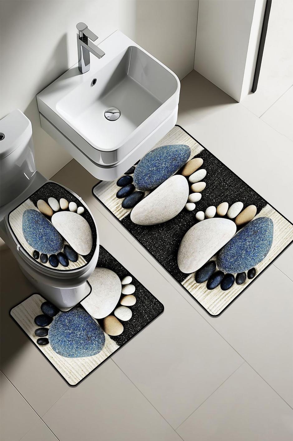 Modern Desenli Dijital Baskı 3’lü Banyo Paspas Takımı Yıkanabilir Kaymaz Tabanlı Klozet Takımı KLZ0054