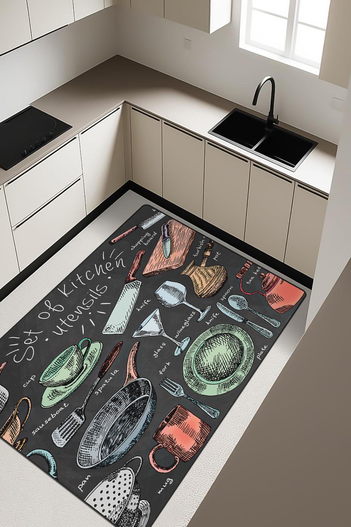 Kitchen Desenli Dijital Baskı Kaymaz Taban Mutfak Halısı H0054