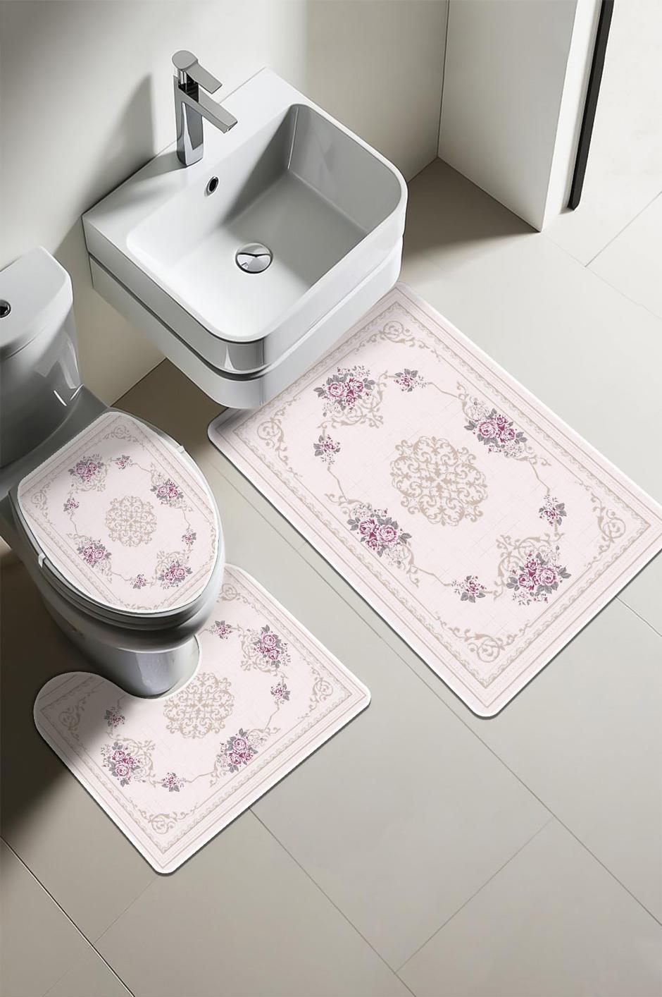 Modern Desenli Dijital Baskı 3’lü Banyo Paspas Takımı Yıkanabilir Kaymaz Tabanlı Klozet Takımı KLZ0056