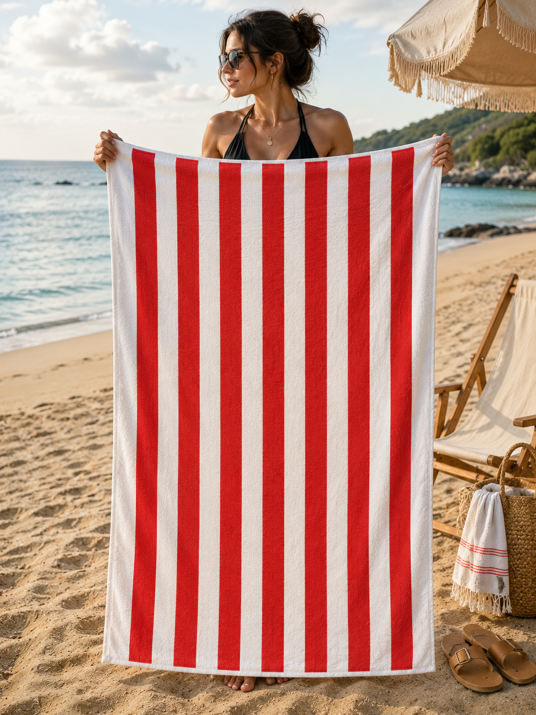 Plaj Havlusu 160 x 80 cm (±5 cm) Çizgili Kırmızı Deniz, Banyo, Sauna, Spor ve Seyahat Havlusu