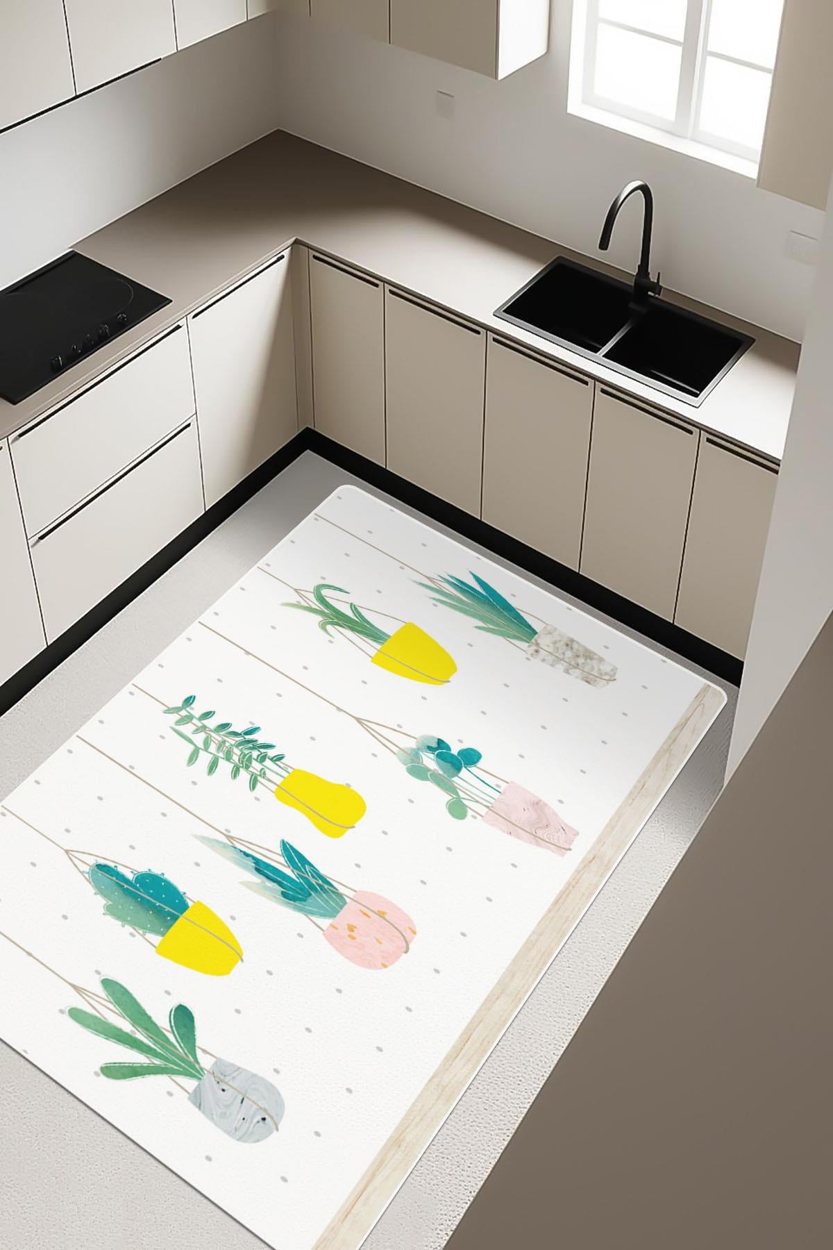 Modern Saksı Desenli Dijital Baskı Kaymaz Taban Mutfak Halısı H0029