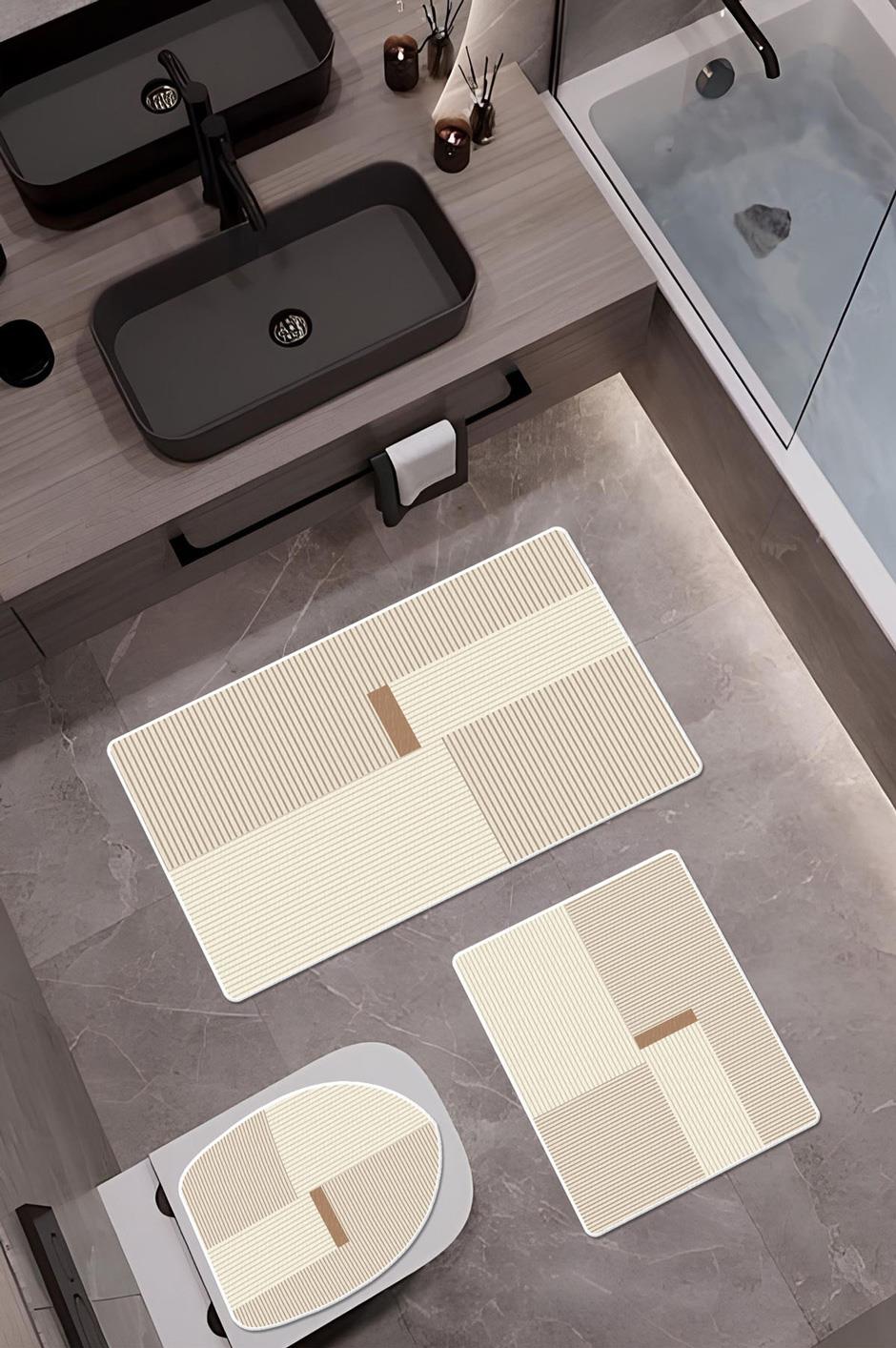 Bambu Kumaş Kaymaz Tabanlı Yıkanabilir 3lü Klozet Takımı Dijital Baskı Banyo Paspas Seti BKLZ0001
