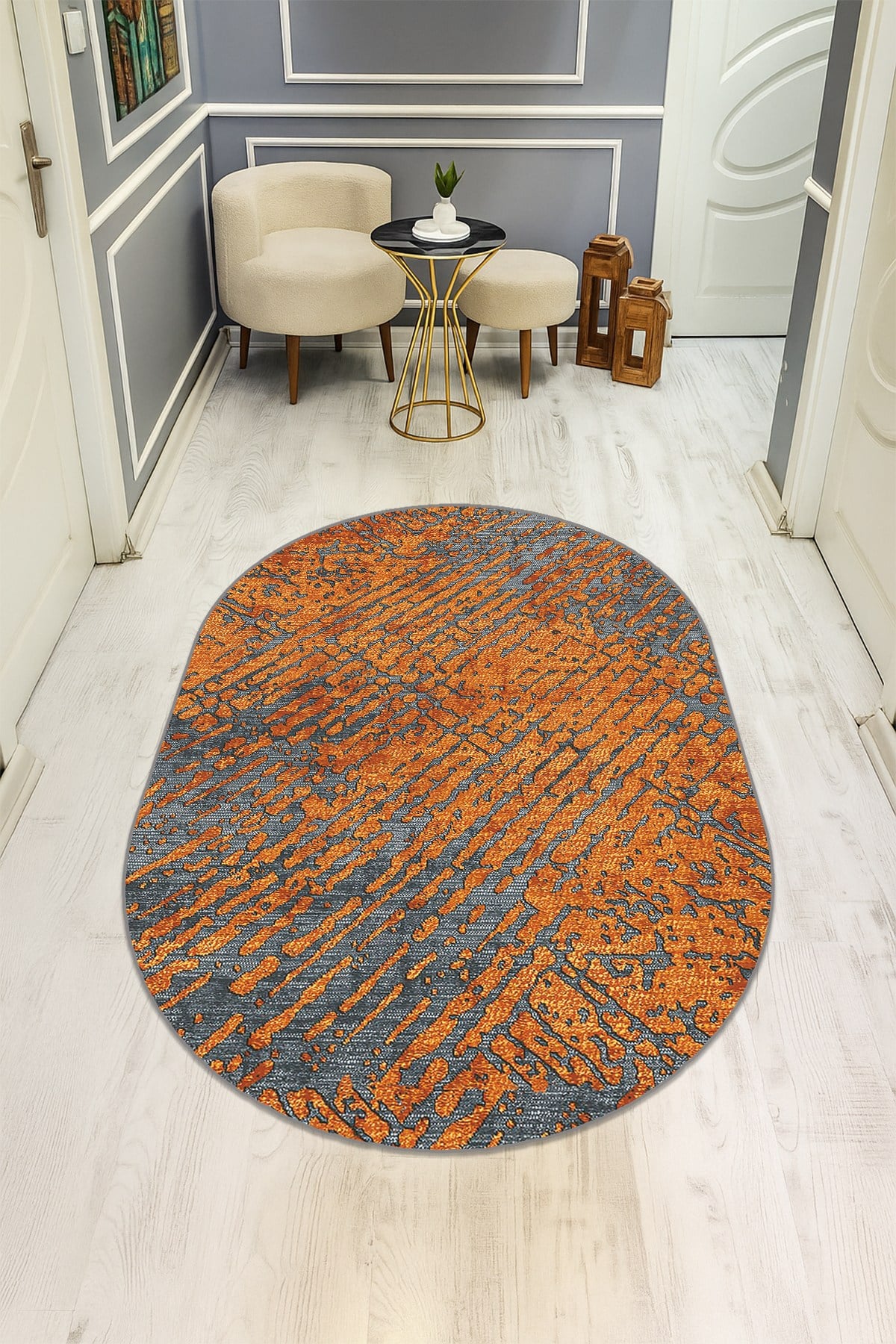 Modern Desenli Oval Dijital Baskı Kaymaz Taban Halı H0367