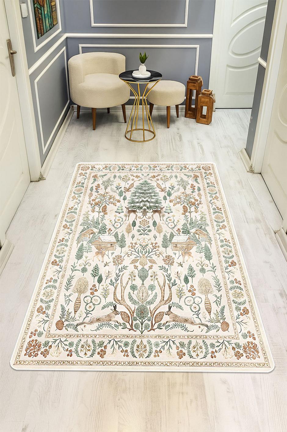 Parlak Kadife Kumaş Dijital Baskı Vintage Desenli Dot Kaymaz Tabanlı Halı H1132