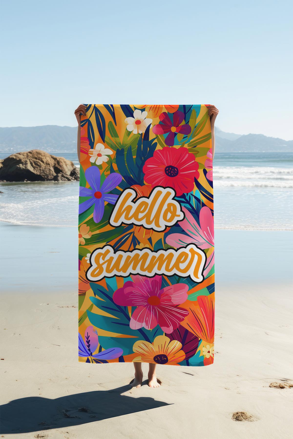 Dijital Baskı Plaj Deniz Havlusu Hello Summer Desenli Peştamal HVL0095