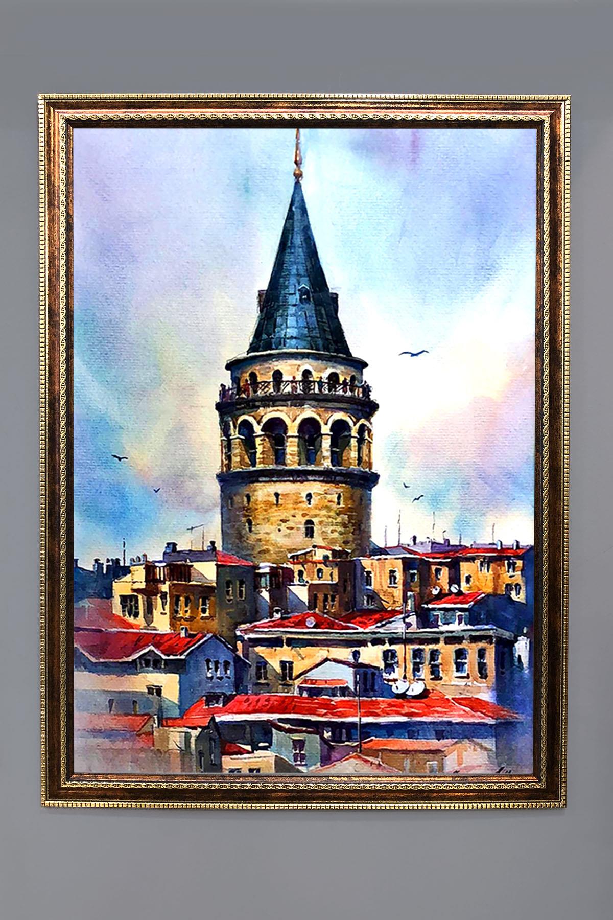 Galata Kulesi Desenli Dijital Baskılı Kadife Kumaş Çerçeveli Tablo TBL0017