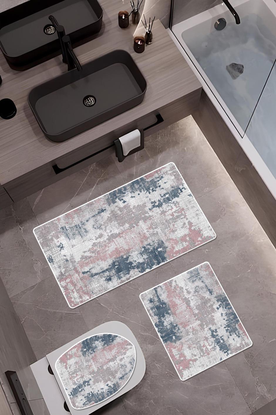 Bambu Kumaş Kaymaz Tabanlı Yıkanabilir 3lü Klozet Takımı Dijital Baskı Banyo Paspas Seti BKLZ0004