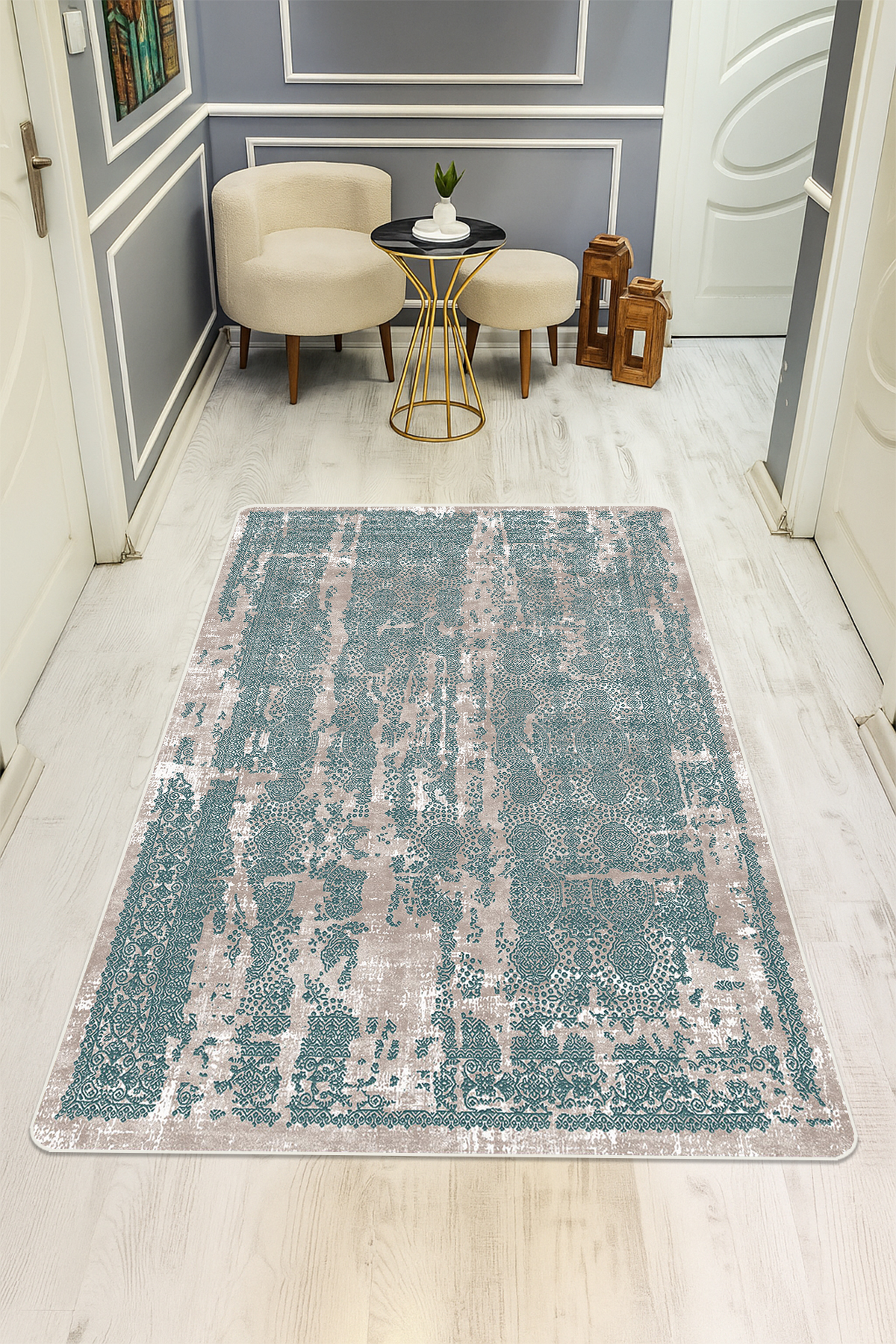 Eskitme Desenli Dijital Baskı Kaymaz Taban Halı H0070