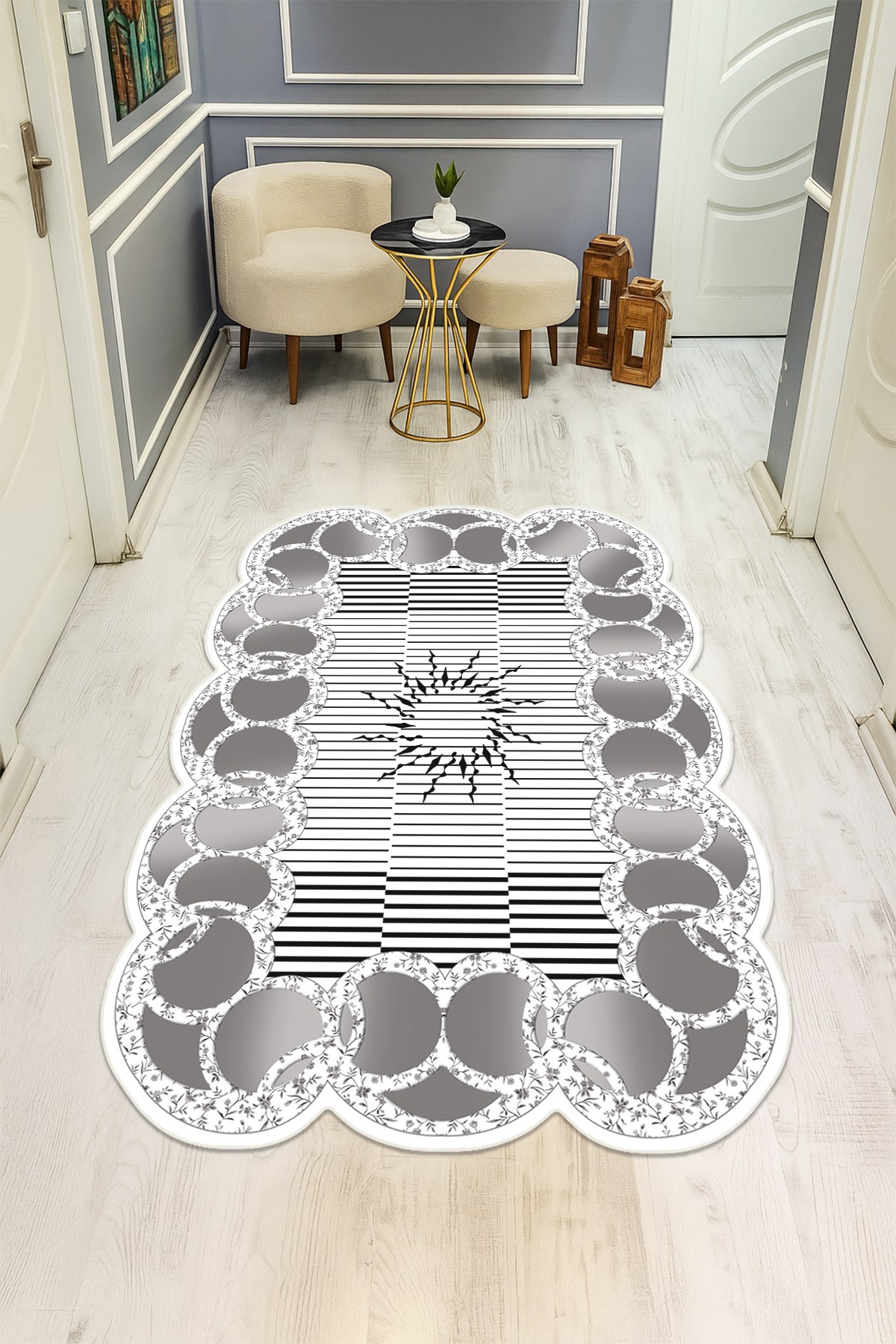 Modern Desenli Lazer Kesim Dijital Baskı Kaymaz Taban Halı H0444