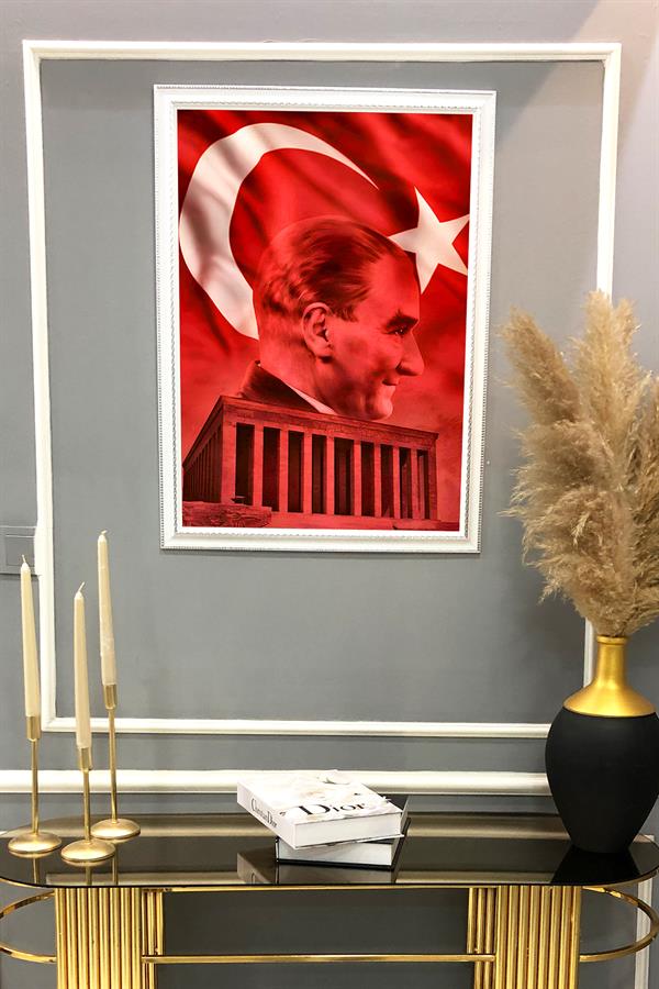 Atatürk ve Anıt Kabir Portresi  Desenli Çerçeveli Duvar Tablosu 50x70cm PTL12