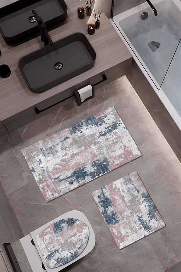 Bambu Kumaş Deri Tabanlı Yıkanabilir Kaymaz Tabanlı Modern Desenli 3'lü Klozet Takımı Banyo Paspas Seti