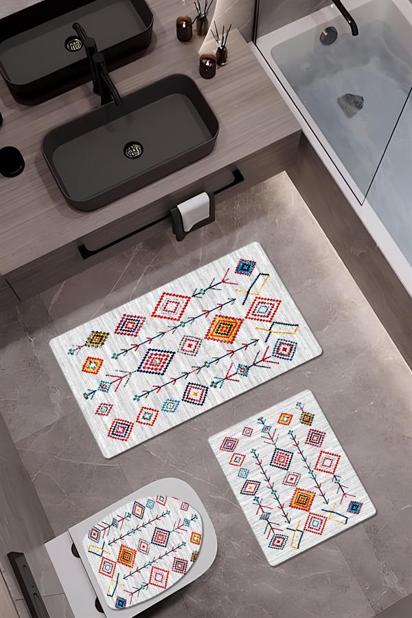 Bambu Kumaş Deri Tabanlı Yıkanabilir Kaymaz Tabanlı Modern Desenli 3'lü Klozet Takımı Banyo Paspas Seti