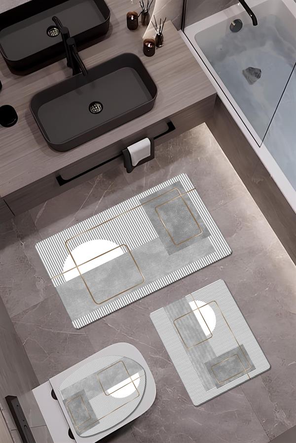 Bambu Kumaş Deri Tabanlı Yıkanabilir Kaymaz Tabanlı Modern Desenli 3'lü Klozet Takımı Banyo Paspas Seti