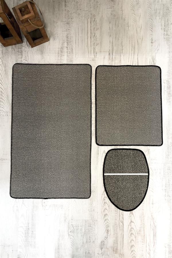 Bambu Kumaş Deri Tabanlı Yıkanabilir Kaymaz Tabanlı Modern Desenli 3'lü Klozet Takımı Banyo Paspas Seti