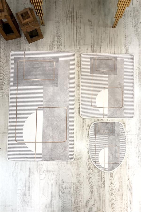 Bambu Kumaş Deri Tabanlı Yıkanabilir Kaymaz Tabanlı Modern Desenli 3'lü Klozet Takımı Banyo Paspas Seti