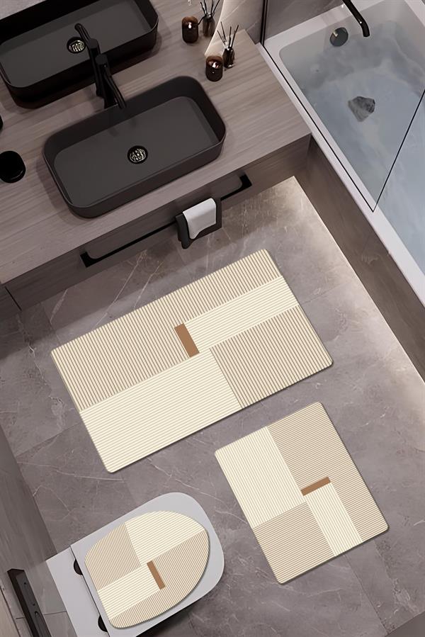 Bambu Kumaş Deri Tabanlı Yıkanabilir Kaymaz Tabanlı Modern Desenli 3'lü Klozet Takımı Banyo Paspas Seti